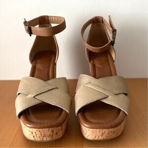 Crown Vintage Chalina Leather Wedge Sandal | Gold Size 8M | Cork Heel